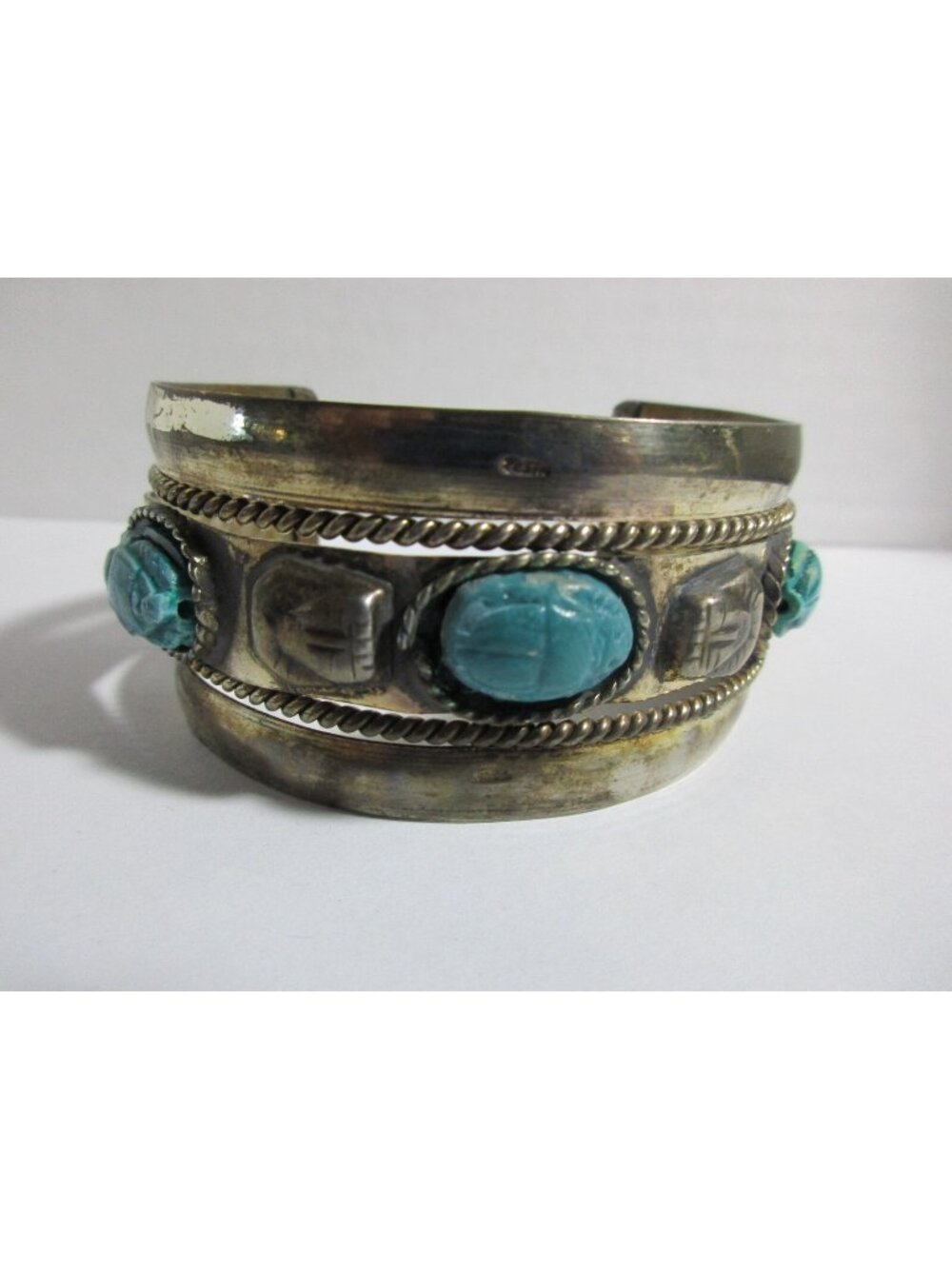 Bracelet - Egypt Revival Cuff Bracelet - Faux Turquoise Scarab Beetle 1970s